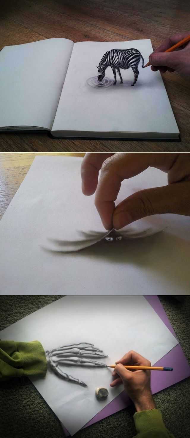 Как нарисовать рисунок 3d, иллюзию карандашом на бумаге: техника создания с пошаговыми пояснениями для начинающих и детей на примере 3d рисунка кошки, бабочки, банана, сердечка, пони, лестницы