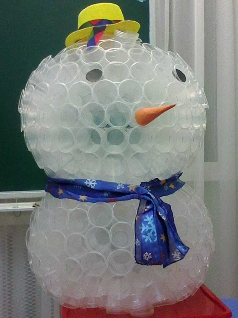 Снеговик из пластиковых и бумажных стаканчиков своими руками: пошаговое фото