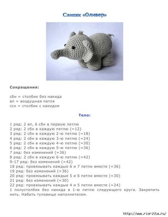 Подборка авторских схем и описаний для вязания слона крючком