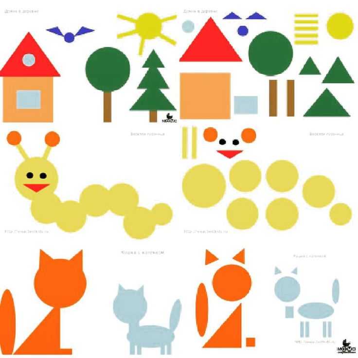 Фигуры из геометрических фигур. картинки для детей, дошкольников, 1-2 класс. шаблоны для аппликаций. геометрические фигуры для детей - интересные задания в картинках