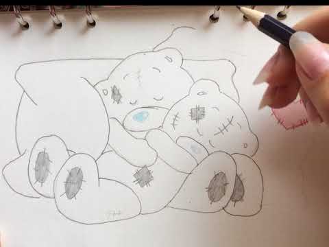 Мишка тедди рисунок карандашом поэтапно легко для начинающих цветной с сердечком, цветами