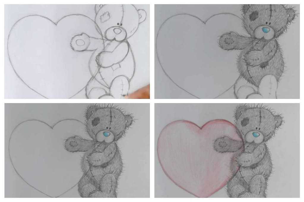 Как нарисовать мишку с сердечком карандашом поэтапно