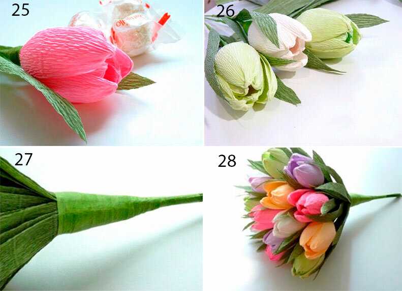 Тюльпаны из гофрированной бумаги с конфетами: идеи букетов и мастер-классы